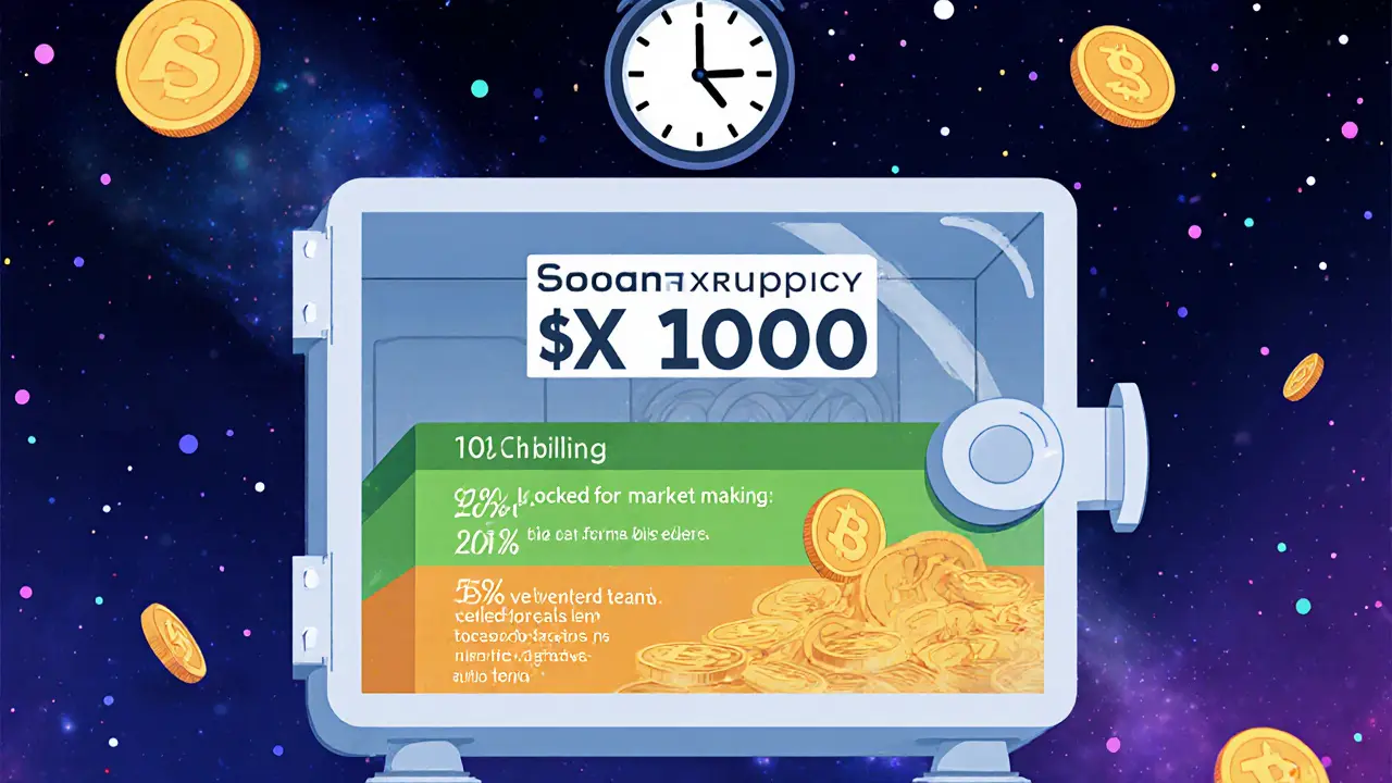 Token supply breakdown with locked and circulating $X1000 portions.