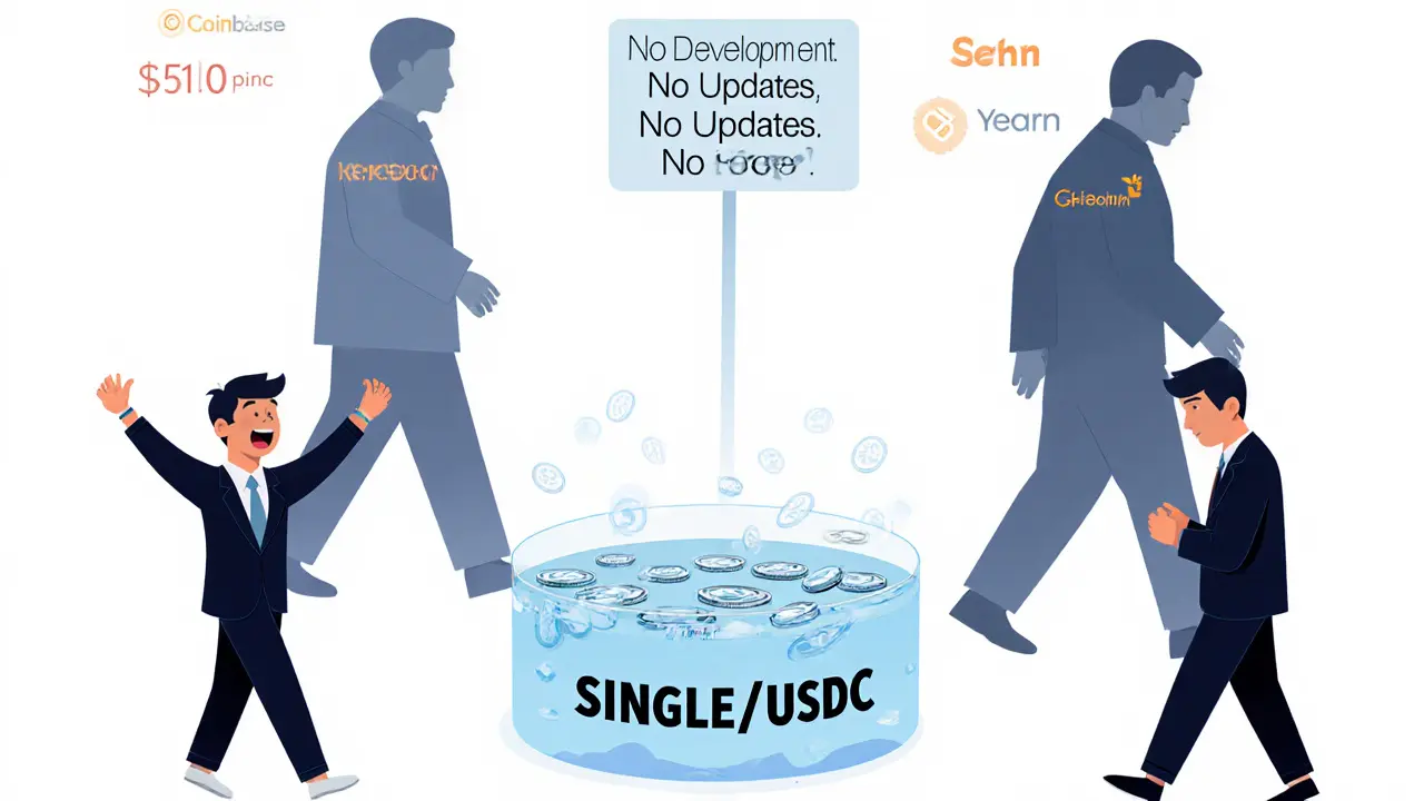 Two traders beside a nearly empty liquidity pool as major exchanges walk away ignoring SINGLE.