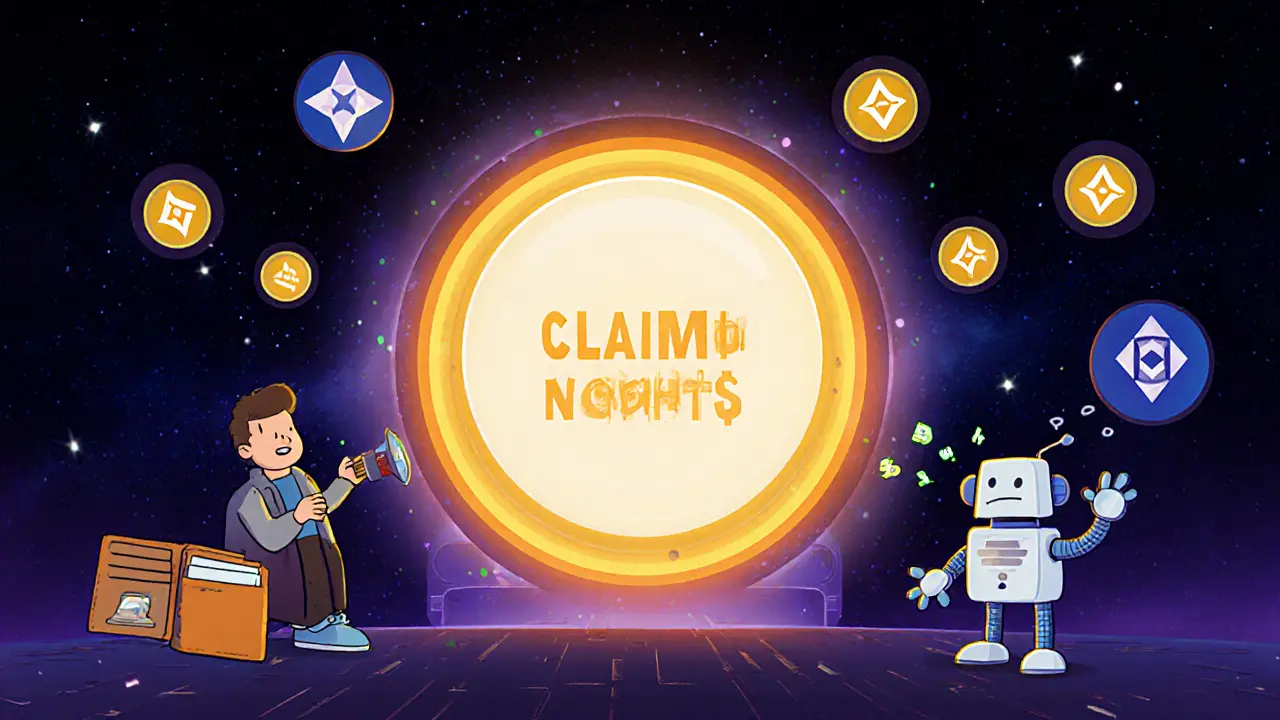 User connecting wallets at a digital claim portal while a robot is denied.