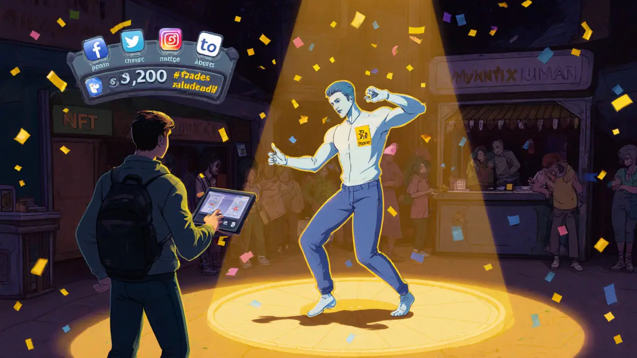 User watching their digital twin dance in a virtual game, with point counter and social tags nearby