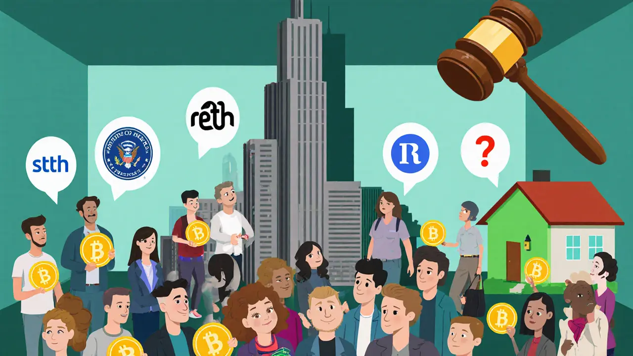 Users holding different staking tokens under a giant Lido tower and looming SEC gavel.