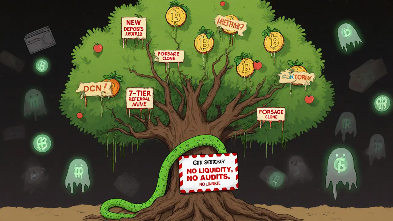 Wilting blockchain tree fed by new deposits, choked by an MLM snake, with fake testimonials floating nearby.
