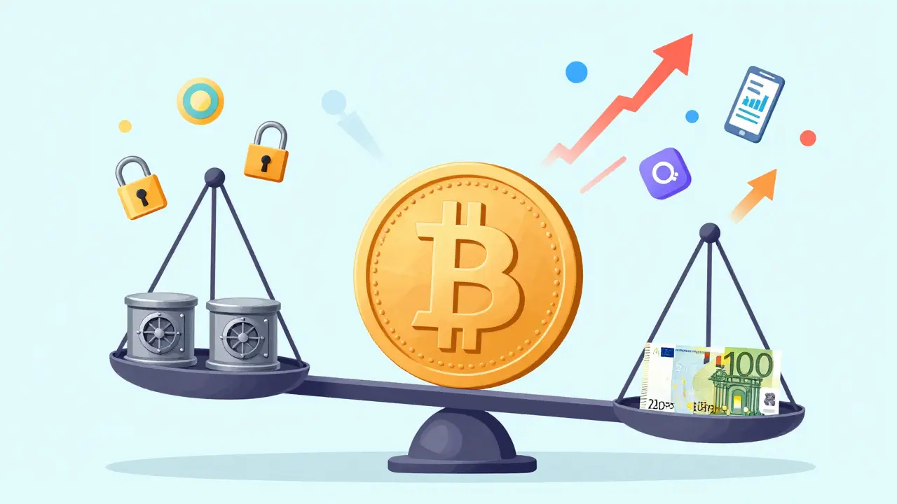 A Bitcoin coin on a scale is balanced by Euros and security symbols, while flashy trading tools fall away — symbolizing safety over speculation.
