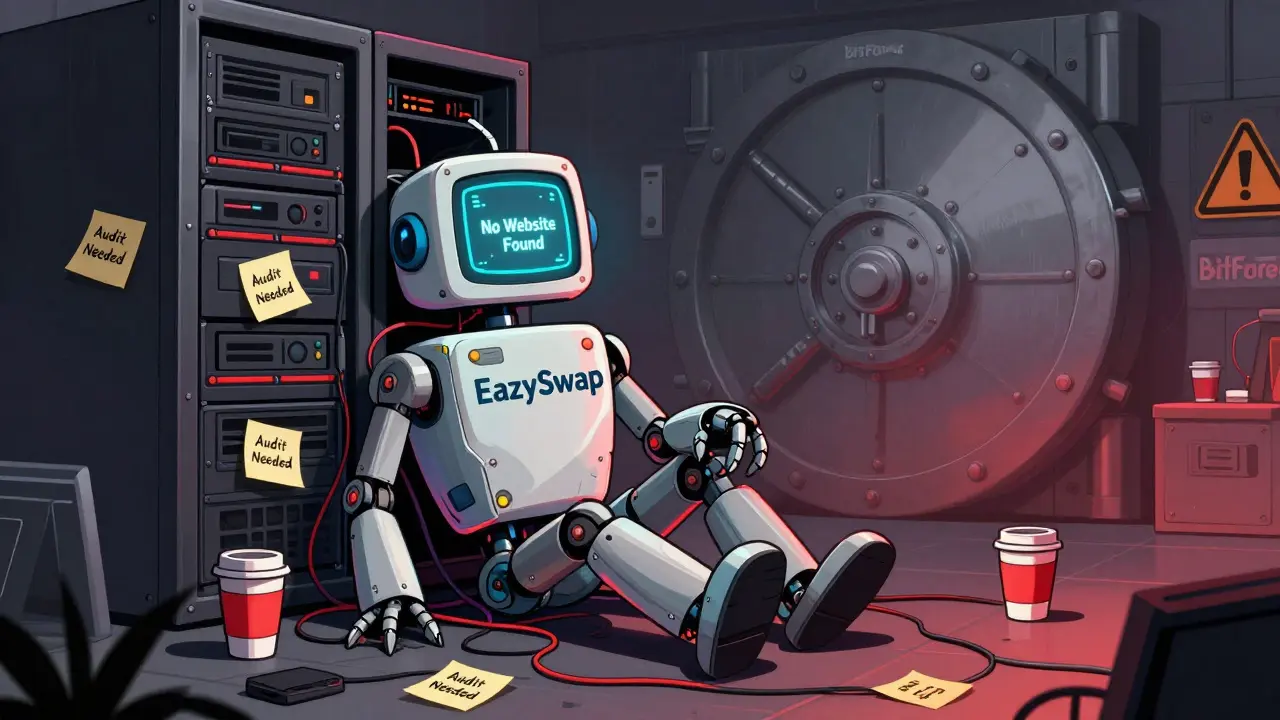 A broken EazySwap robot on a server rack with no website and a locked BitForex vault nearby.