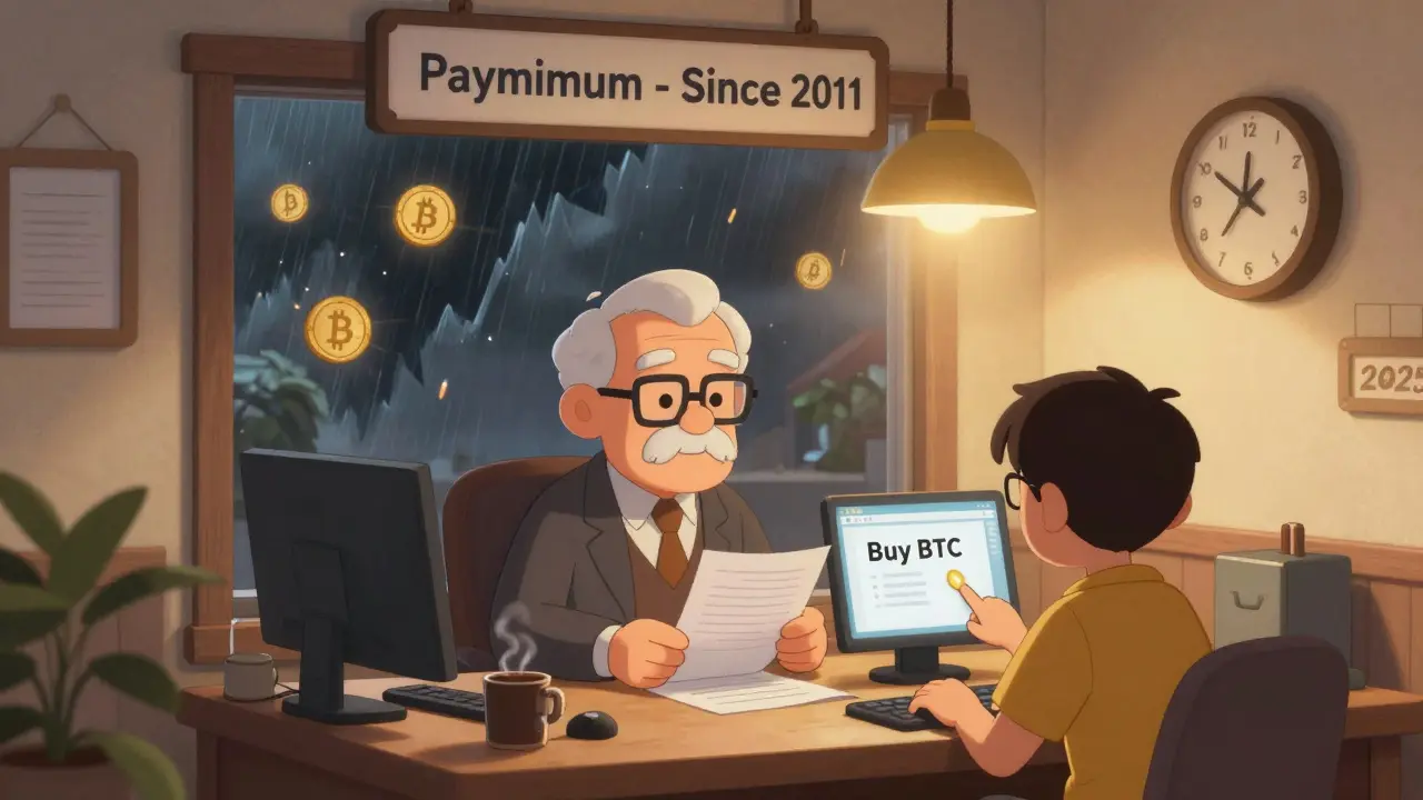 A calm Paymium office in 2025, with a banker and user transacting safely, while chaos from failed crypto exchanges rages outside.