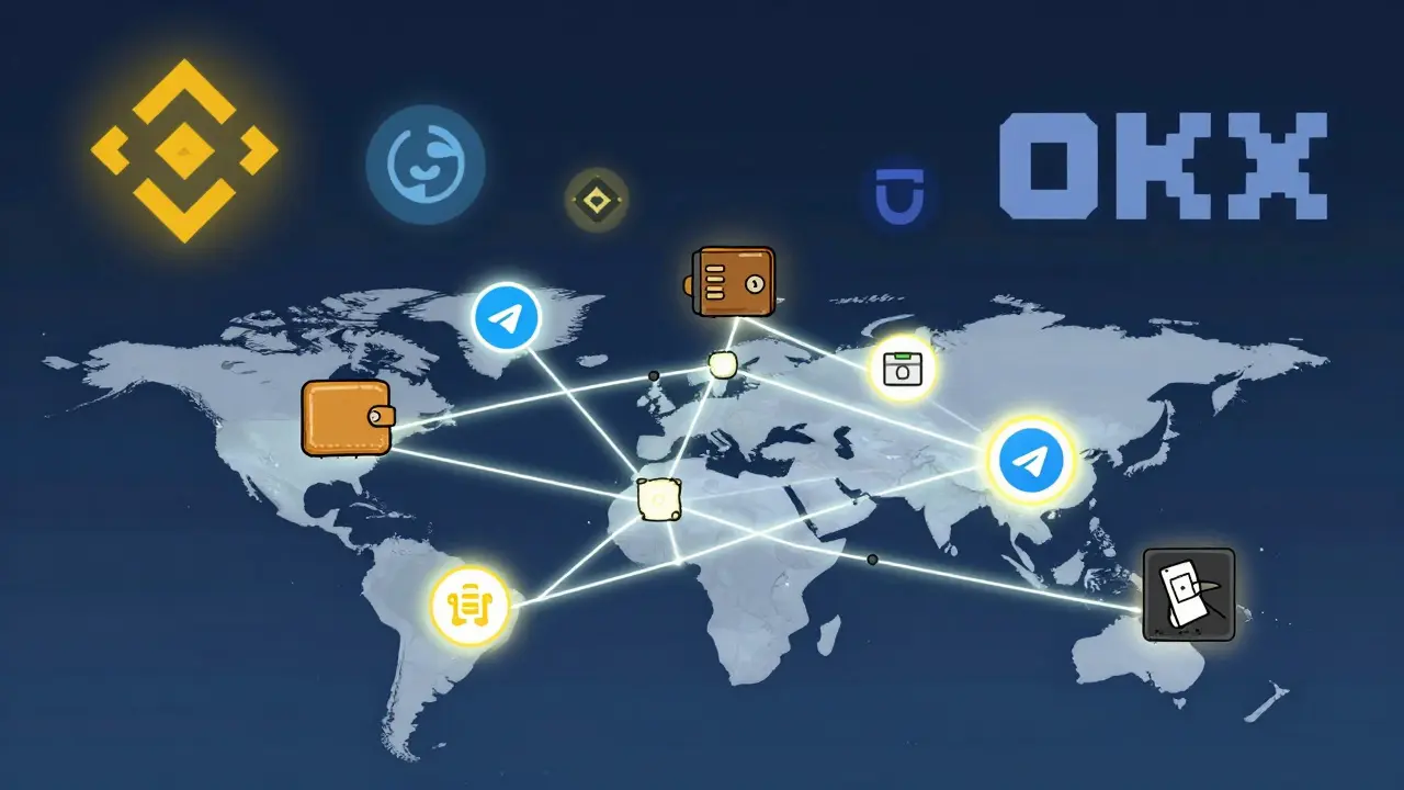 A decentralized web of small crypto nodes glowing across a world map, while big exchanges fade away in the background.