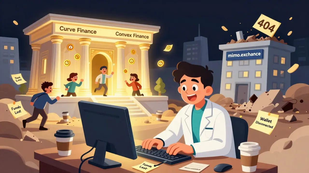 A DeFi developer surrounded by failure notes as a better exchange glows warmly behind them.