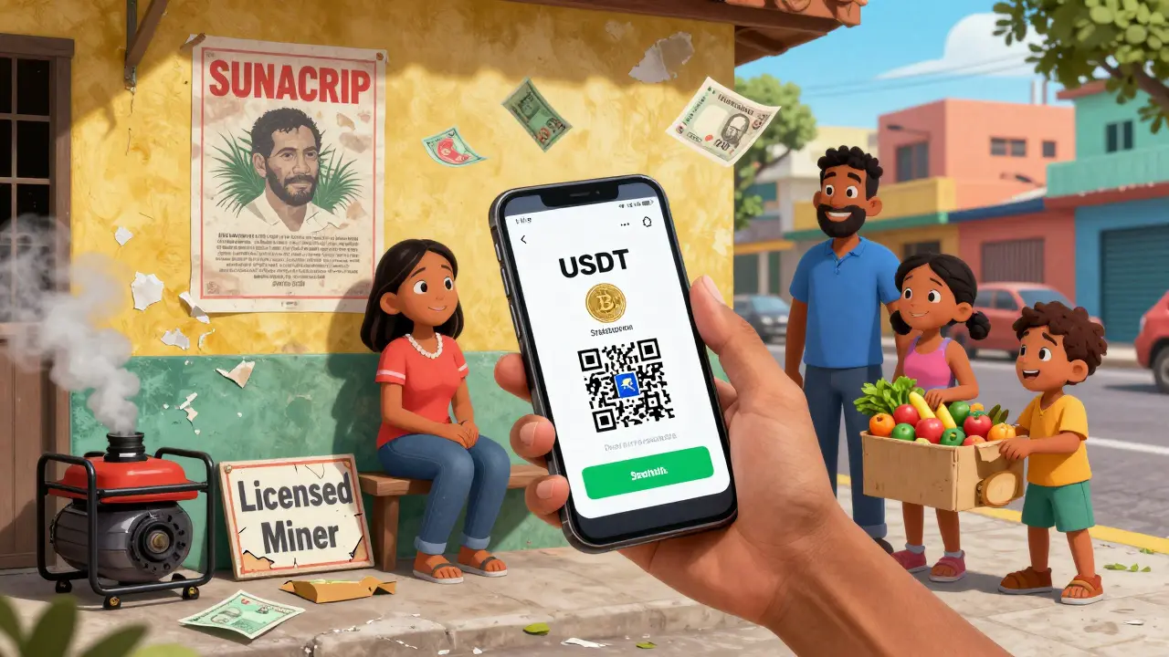 A family uses crypto to send money abroad while a faded state poster peels off the wall.