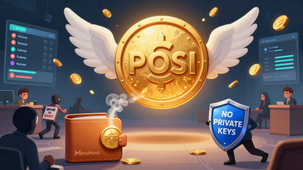 A flying $POSI token with wings above a decentralized exchange, scammers being rejected.