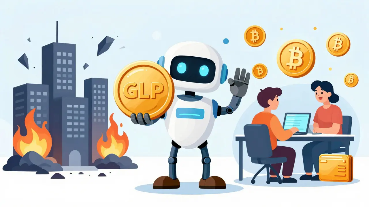 A friendly robot defending DeFi trading from centralized exchange collapse with GLP shield and ETH rewards.