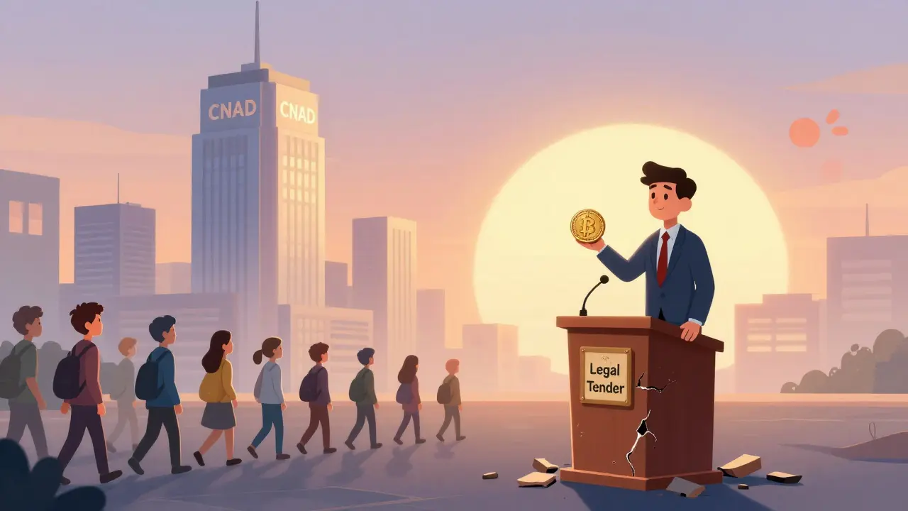 A government official stands alone as citizens walk away from Bitcoin toward modern fintech apps.