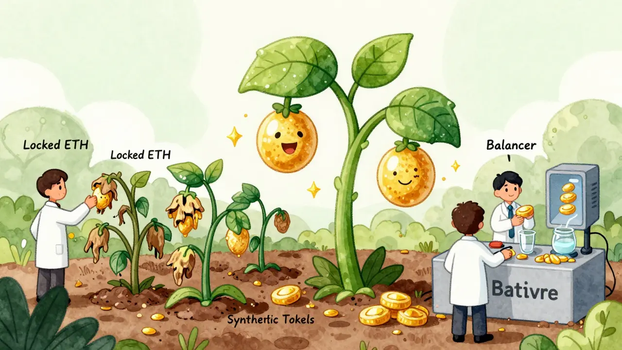 A growing wSTETH plant with yield fruit being harvested by traders in a financial garden.