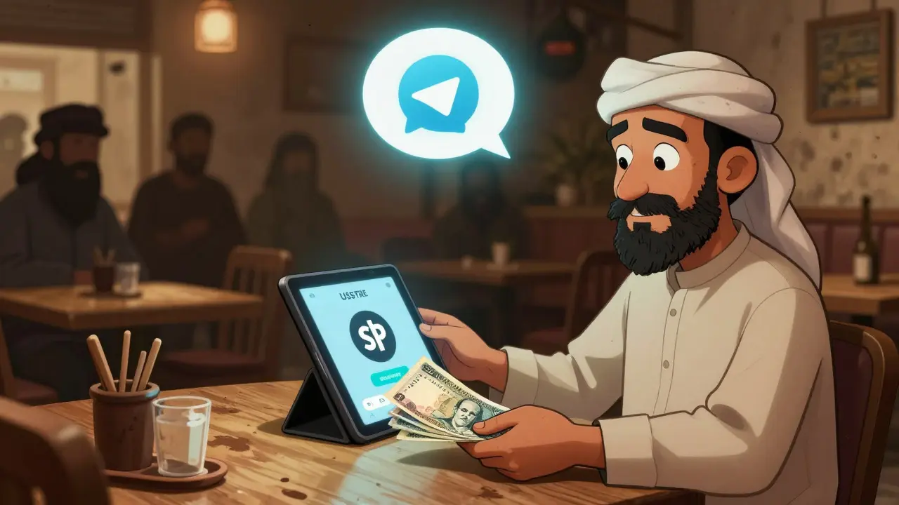 A trader exchanging cash for USDT in a cafe, with a Telegram chat floating above, surrounded by watchful shadows.