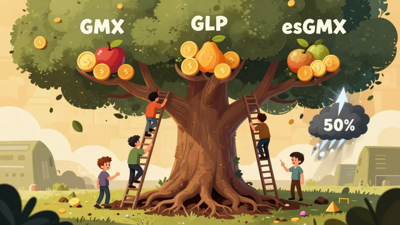 A tree with GMX, GLP, and esGMX branches bearing ETH fruit, rooted in Arbitrum blockchain, users collecting rewards.