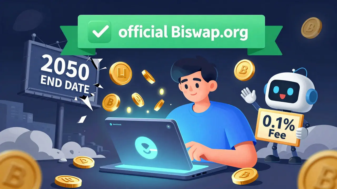 A user safely earning BSW tokens on the official Biswap site, with rewards raining down and a scam billboard crumbling behind.