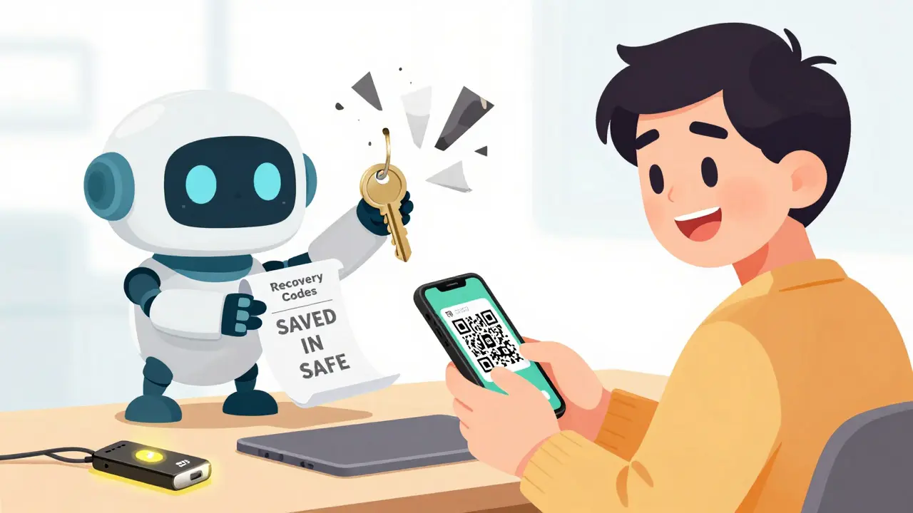 A user scans a QR code while receiving recovery codes on paper from a friendly robot.