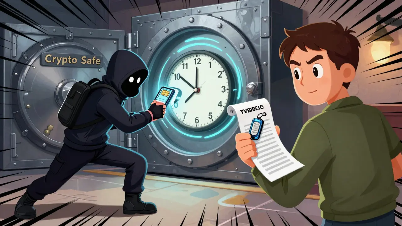 A user stands strong with recovery codes and a YubiKey against a hacker trying to steal their phone.