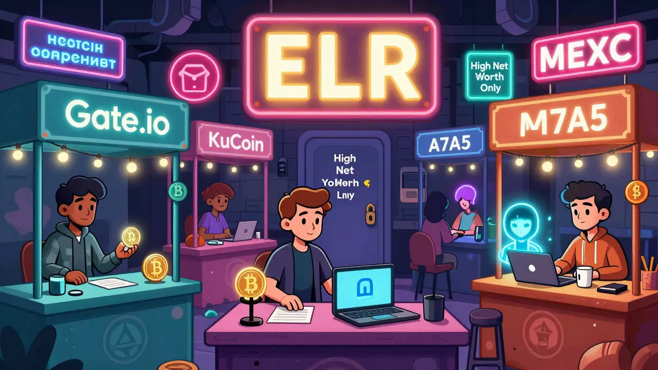 A vibrant cartoon crypto market in Moscow where people trade A7A5 tokens on various exchange stalls.