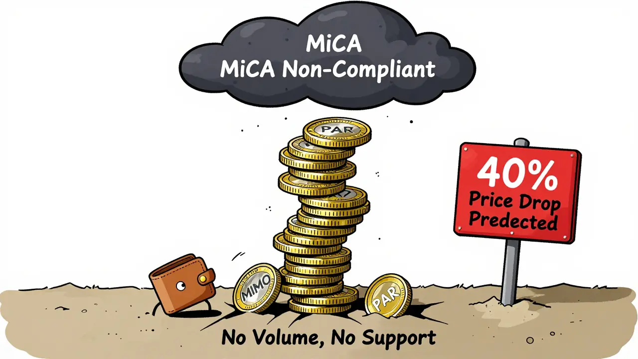 A wobbly tower of PAR and MIMO tokens collapsing under a warning cloud, with a slipping wallet.