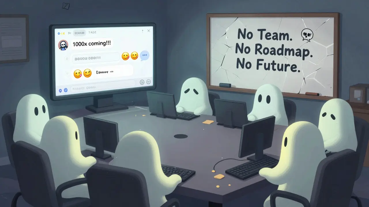 An empty Discord server with one bot posting fake promises and ghostly avatars.