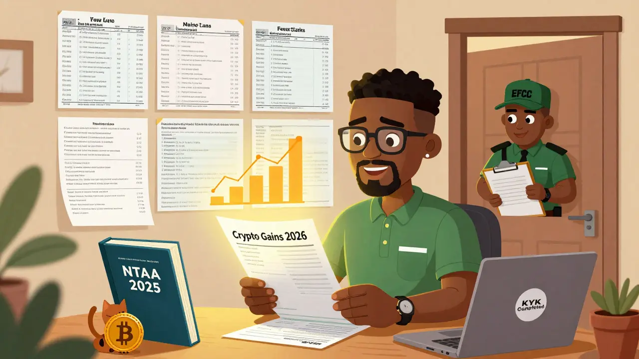 An entrepreneur files crypto taxes under the NTAA 2025 law, with transaction records and an EFCC agent watching in the background.