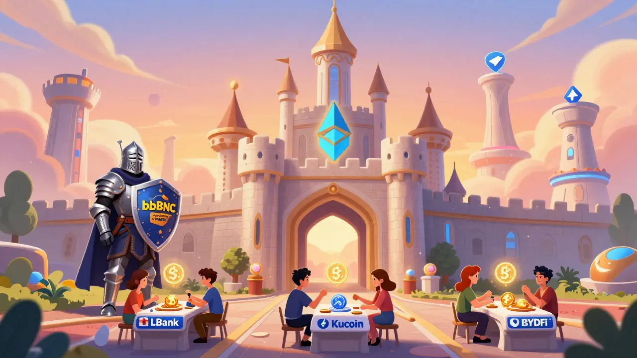 Bifrost castle with governance knight and three exchange bridges leading to new blockchain towers.