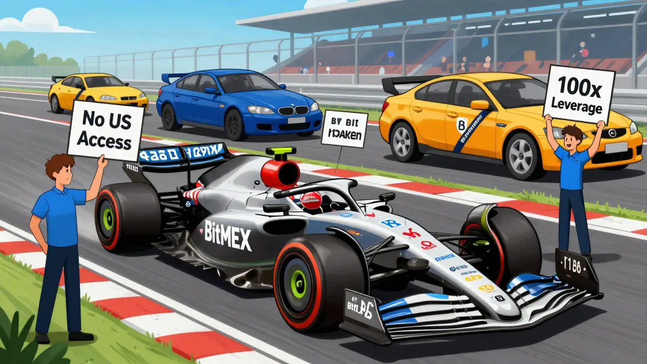 BitMEX Formula 1 car racing on crypto track while other exchanges drive safely in background