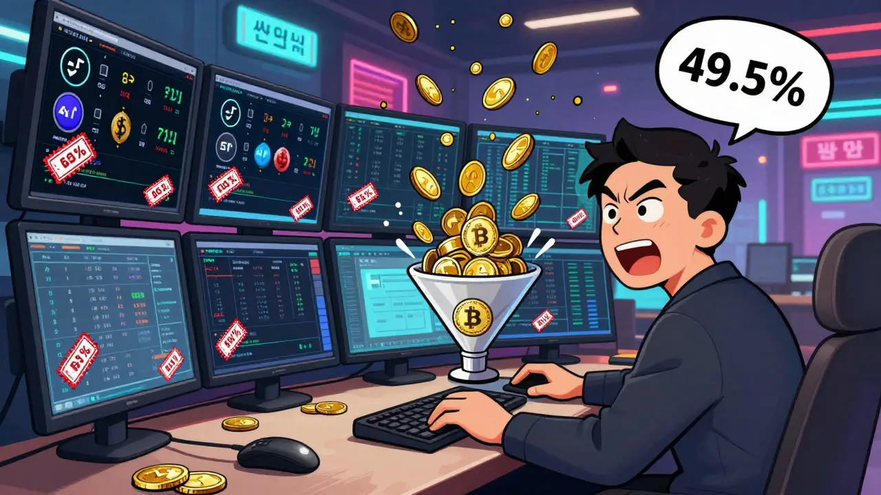 Chaotic trading desk with crypto swaps triggering tax stamps and staking rewards flowing into a high-tax funnel.