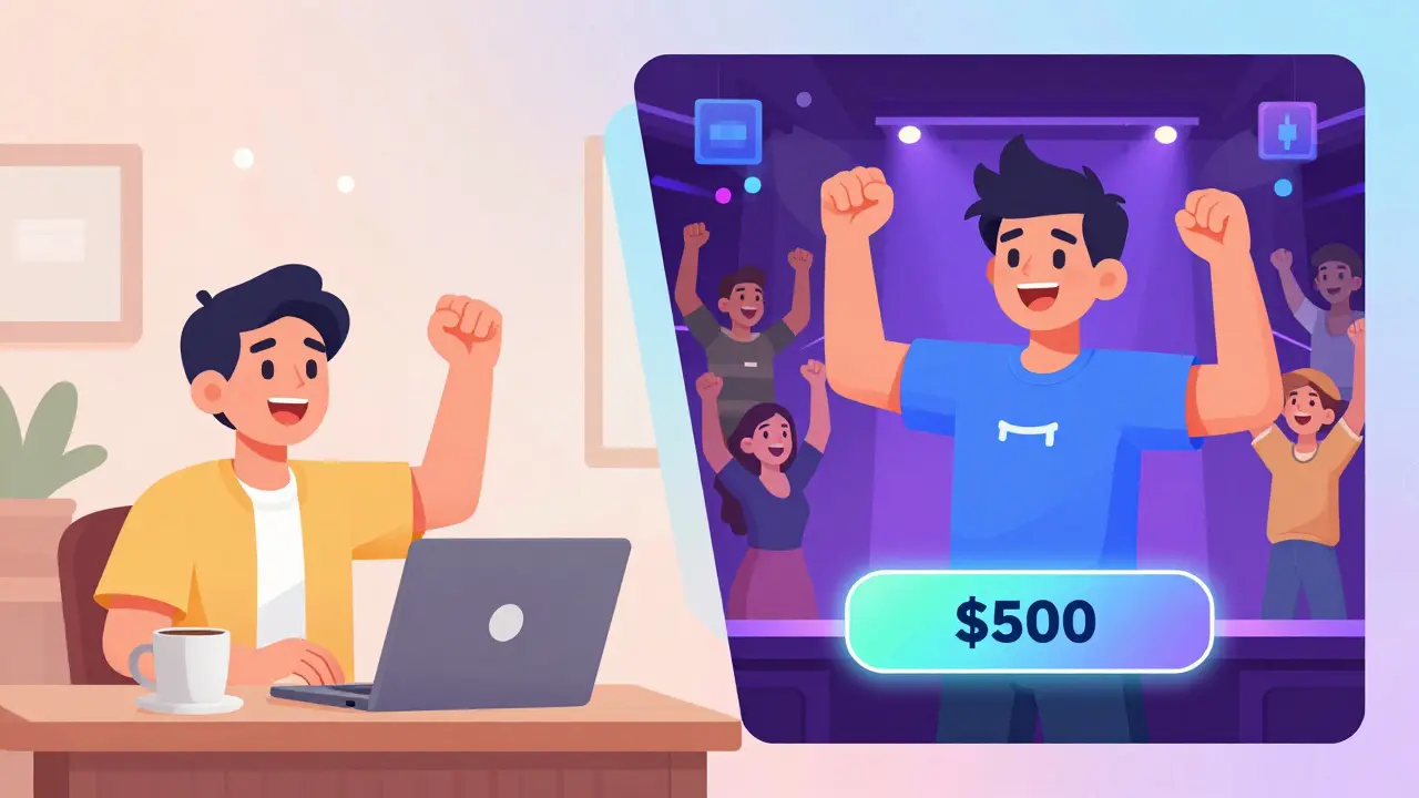 Creator celebrates first NFT sale as avatar wears the item in a lively virtual club.