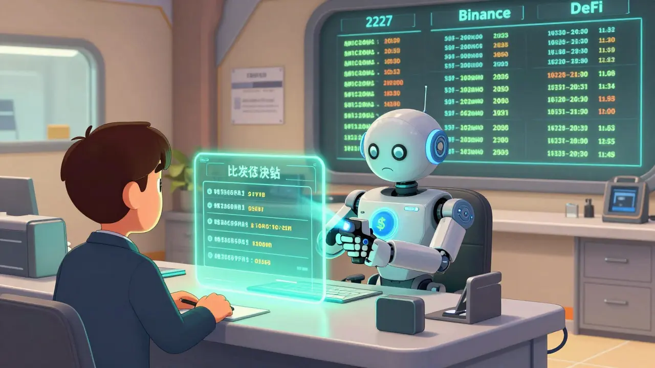 Futuristic tax office with glowing blockchain ledgers and a robot inspector scanning a crypto wallet.