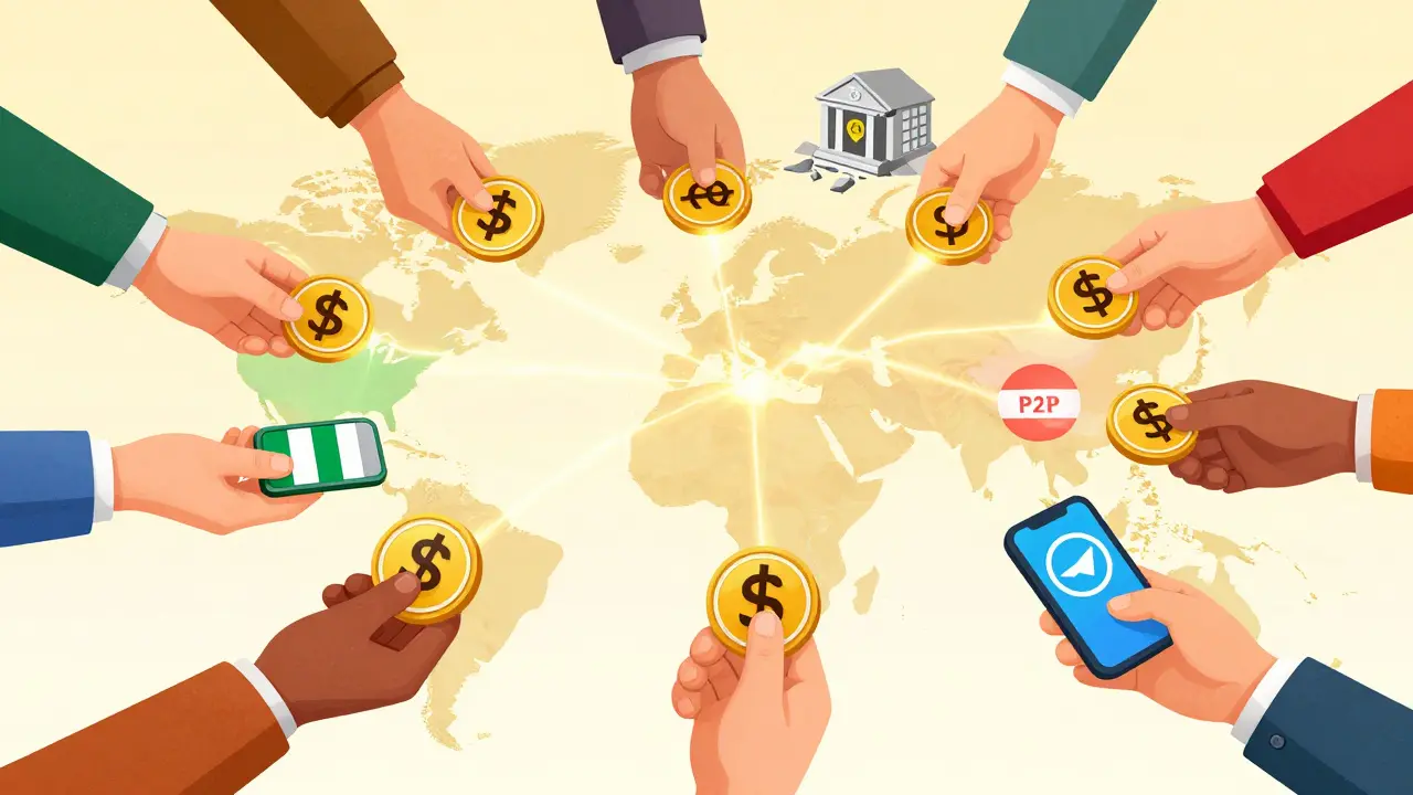 Global hands pass digital stablecoins through apps, connecting countries while banks crumble in the background.
