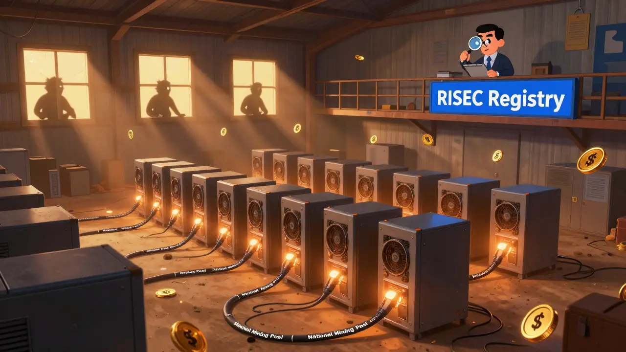 Miners plugged into a single government-controlled cable, watched by a bureaucrat in a dusty warehouse.