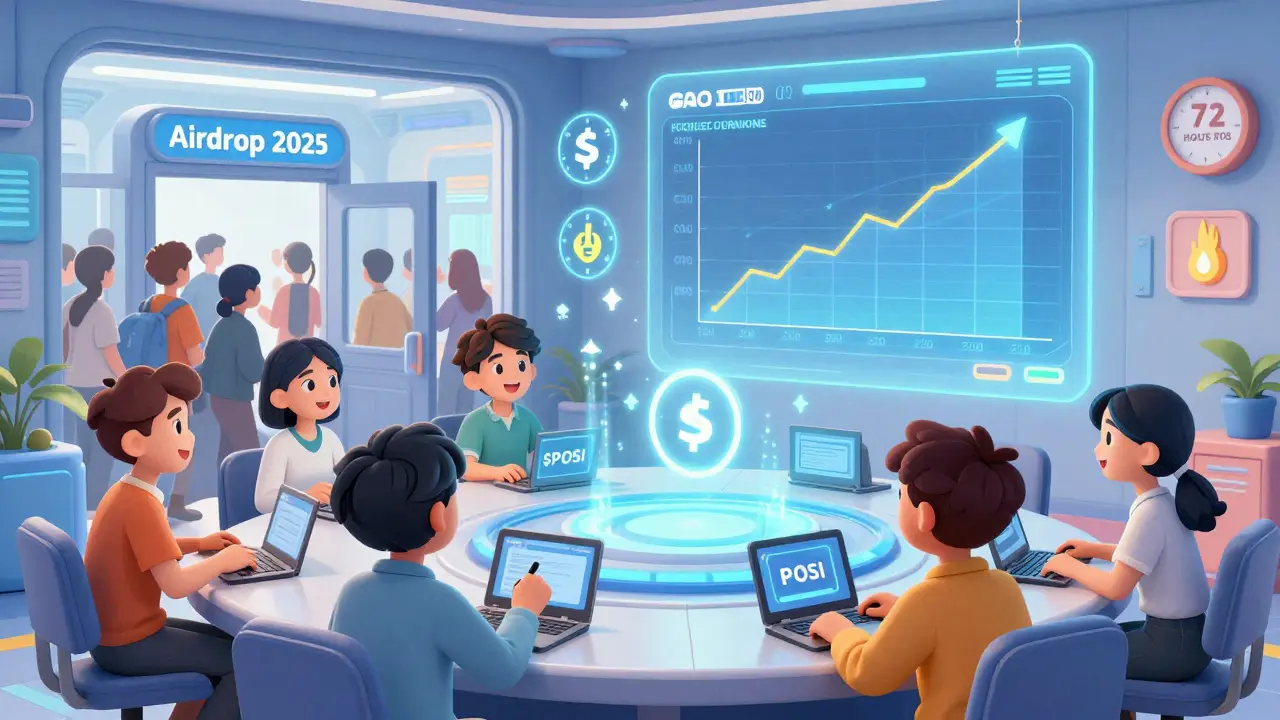 POSI holders voting in a futuristic DAO chamber with token burn and staking icons floating nearby.