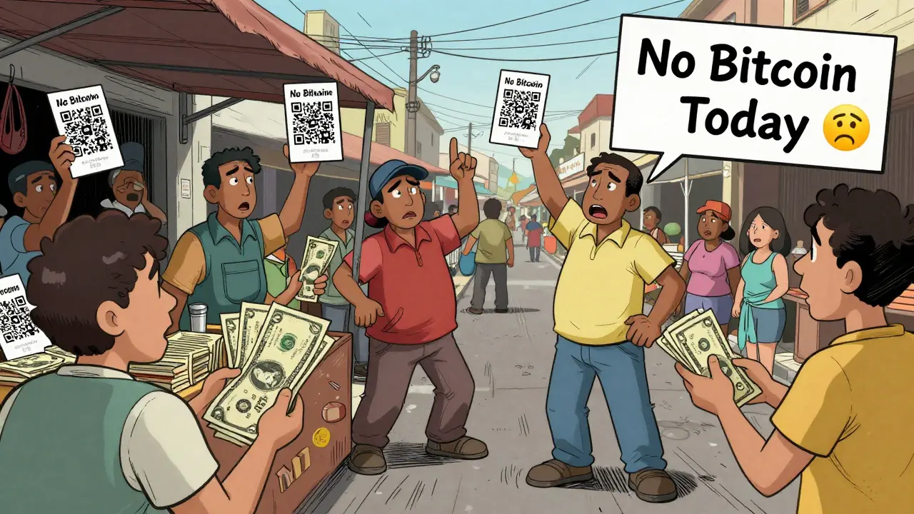 Shopkeepers in a market refuse Bitcoin payments while customers hold up U.S. dollar bills.