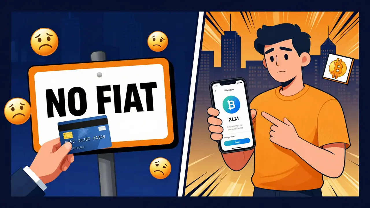 Split cartoon scene: left shows person denied fiat access, right shows trader swapping XLM for BTC instantly.