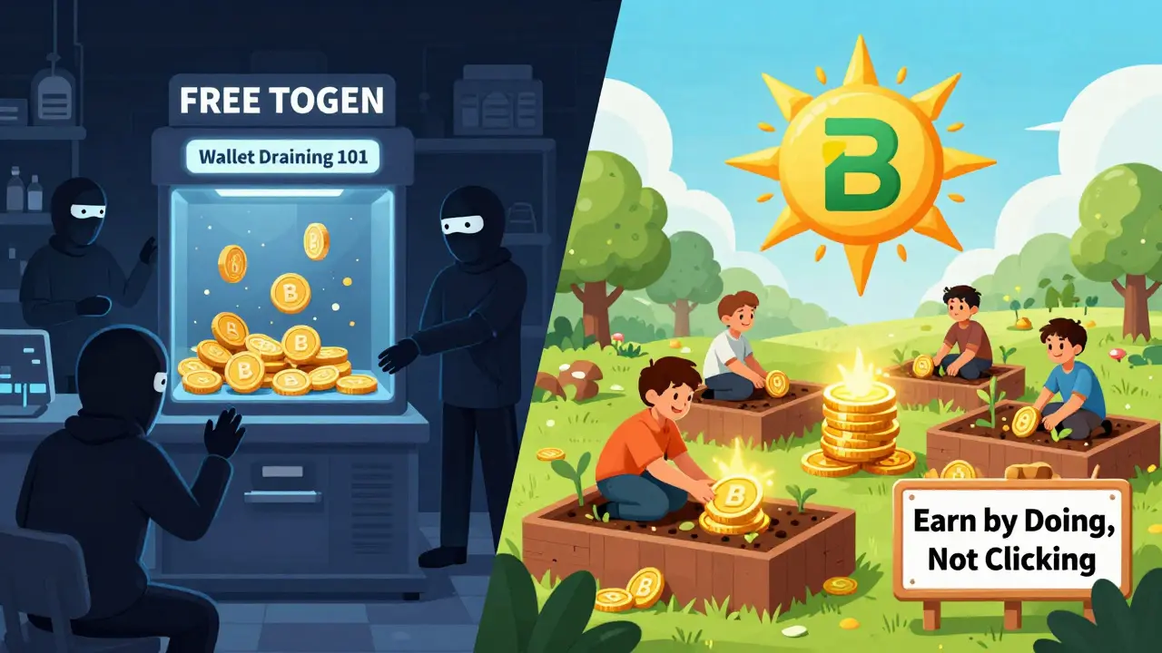 Split scene: scammers draining wallets on one side, users farming BSW rewards on the other under a Biswap-shaped sun.