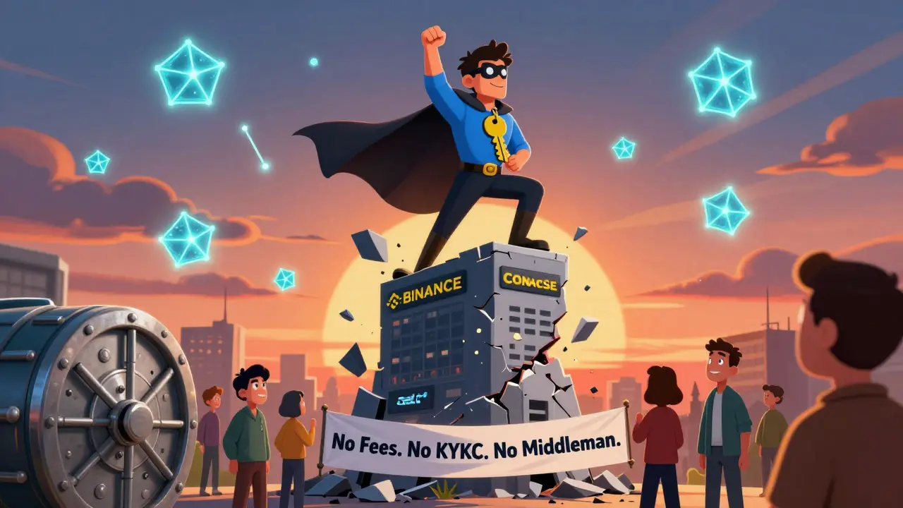 Superhero 'Self-Custody' stands over fallen exchanges as people trade freely with Stellarport.