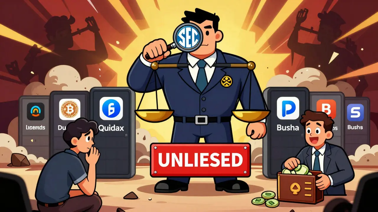 The SEC watchdog protects licensed crypto platforms while unlicensed ones crumble, and a user is blocked from using Binance.