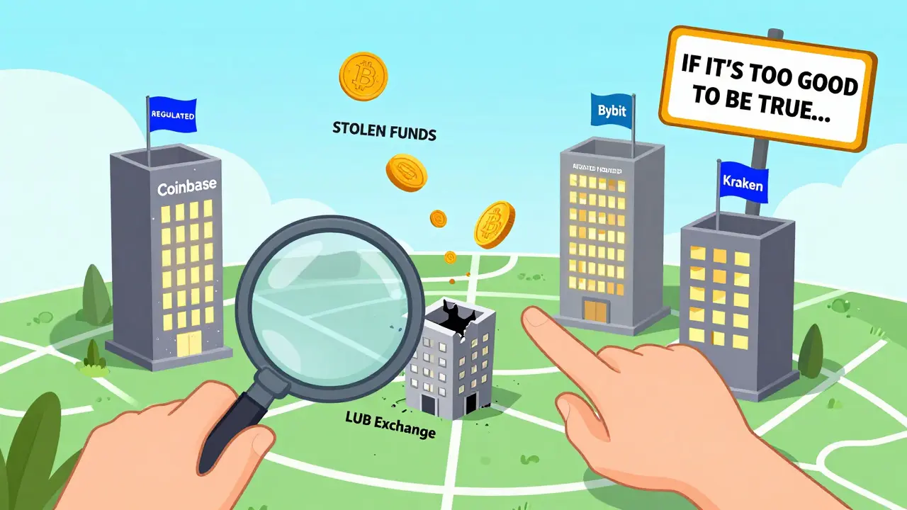 Three trusted crypto exchanges stand strong while a ghostly LUB Exchange crumbles into nothing.