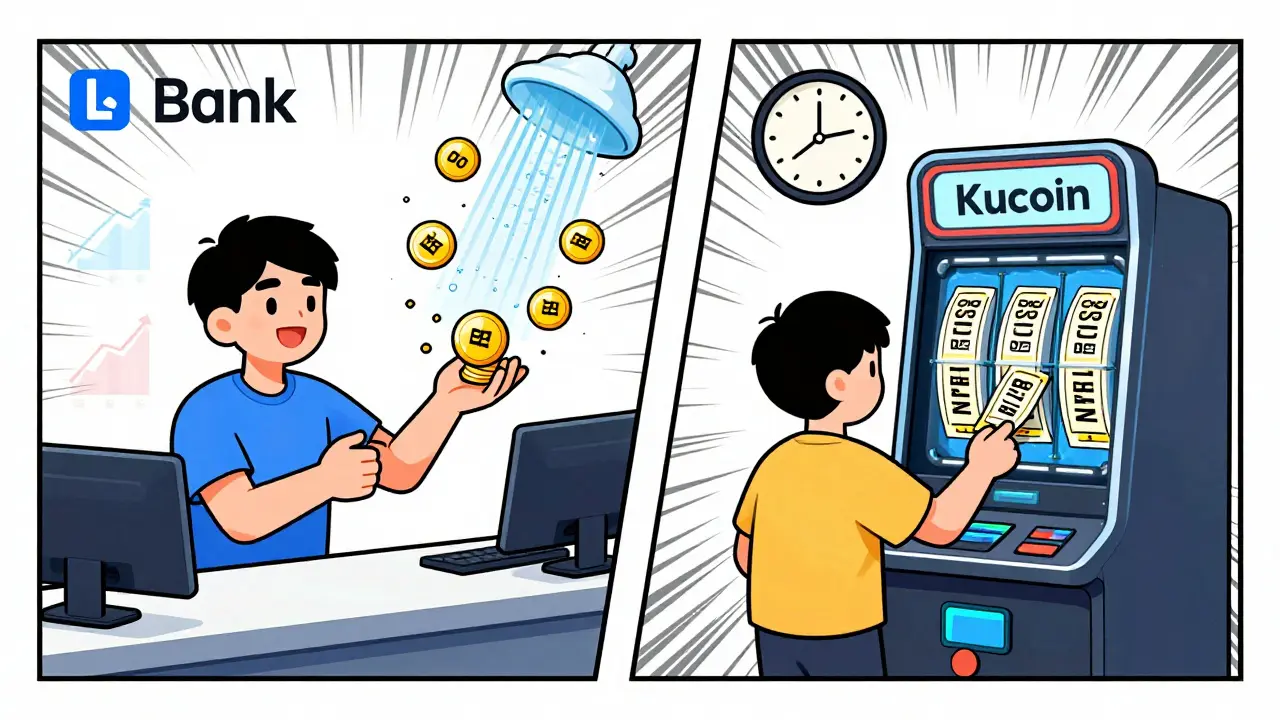 Two users receiving BNC tokens at LBank and KuCoin exchange counters during March 2025 airdrop.