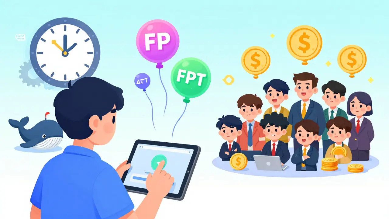 User earning FP points by swapping NFTs, with Proof of Time clock in background