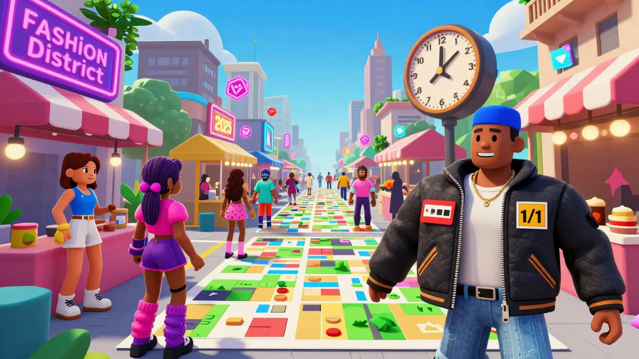 Vibrant virtual marketplace in Decentraland with avatars shopping for digital fashion and land.