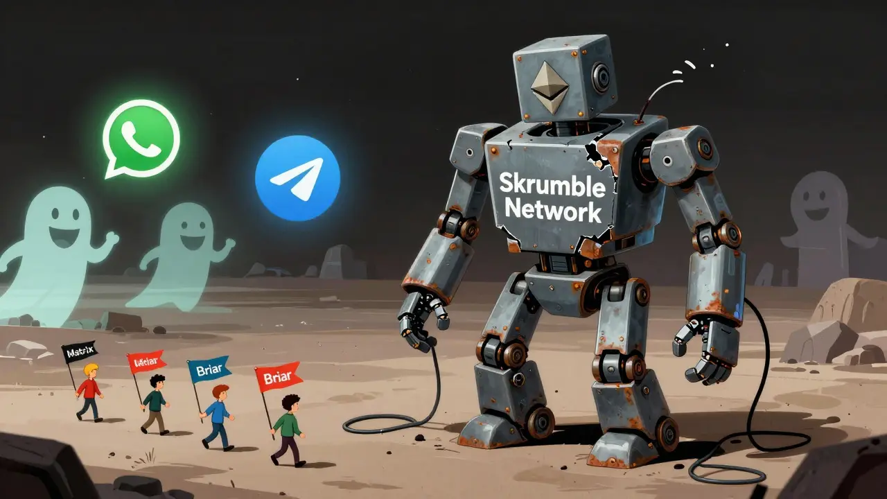 A broken robot made of Ethereum blocks stands alone as other messaging apps thrive in the distance.