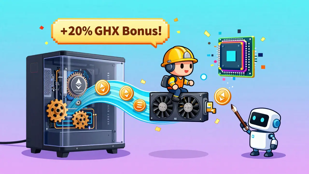 A computer's internals show a miner riding digital coins as AI generates art.