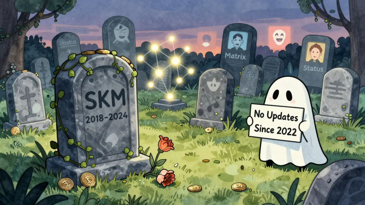 A crypto graveyard with a SKM tombstone, while active projects glow brightly in the background.