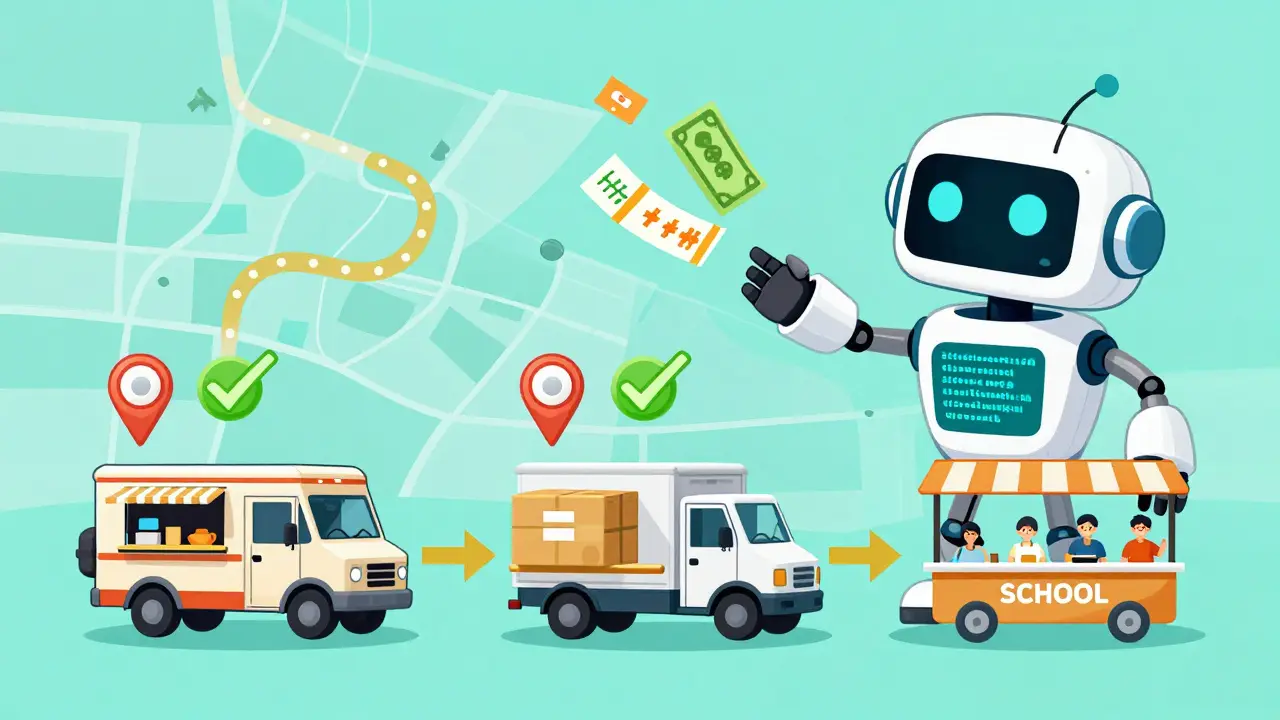 A friendly code robot releases funds to food, medical, and school deliveries using smart contracts in colorful cartoon style.