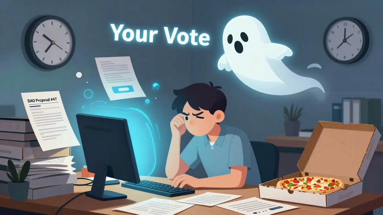 A person overwhelmed by complex governance documents while their vote drifts away.