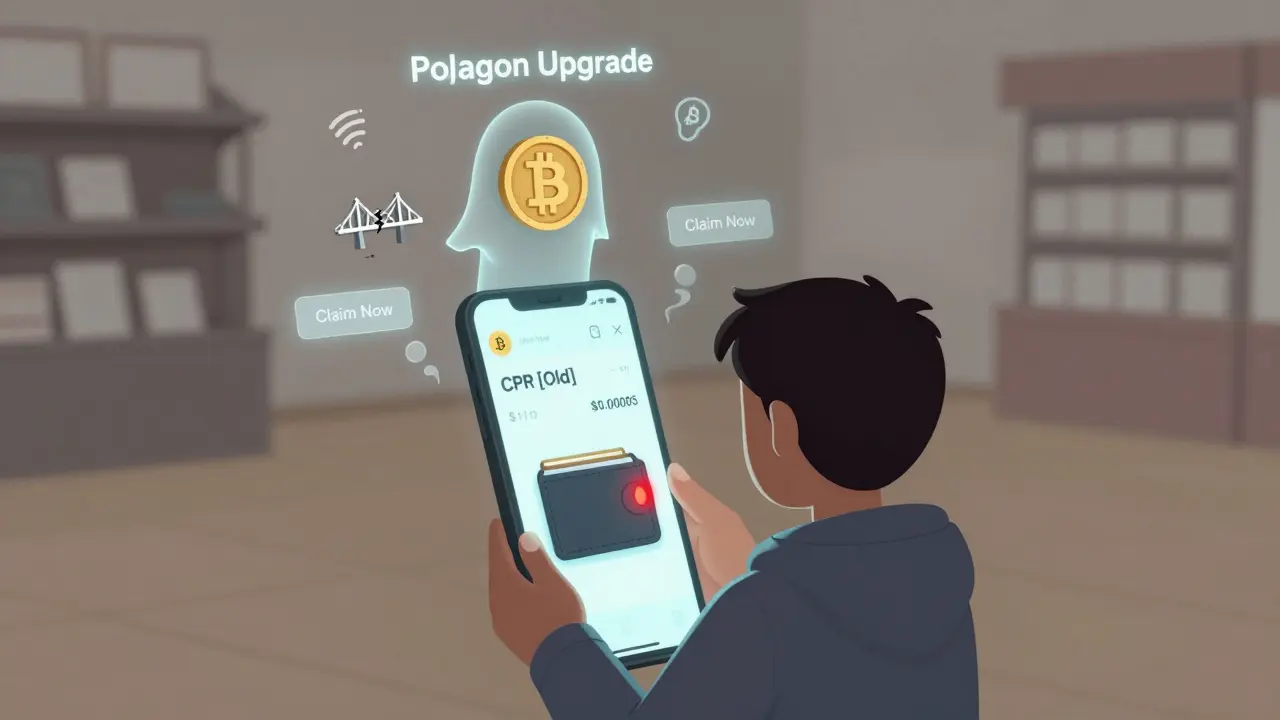 A person staring at an old CPR token with a ghostly upgraded version floating above.