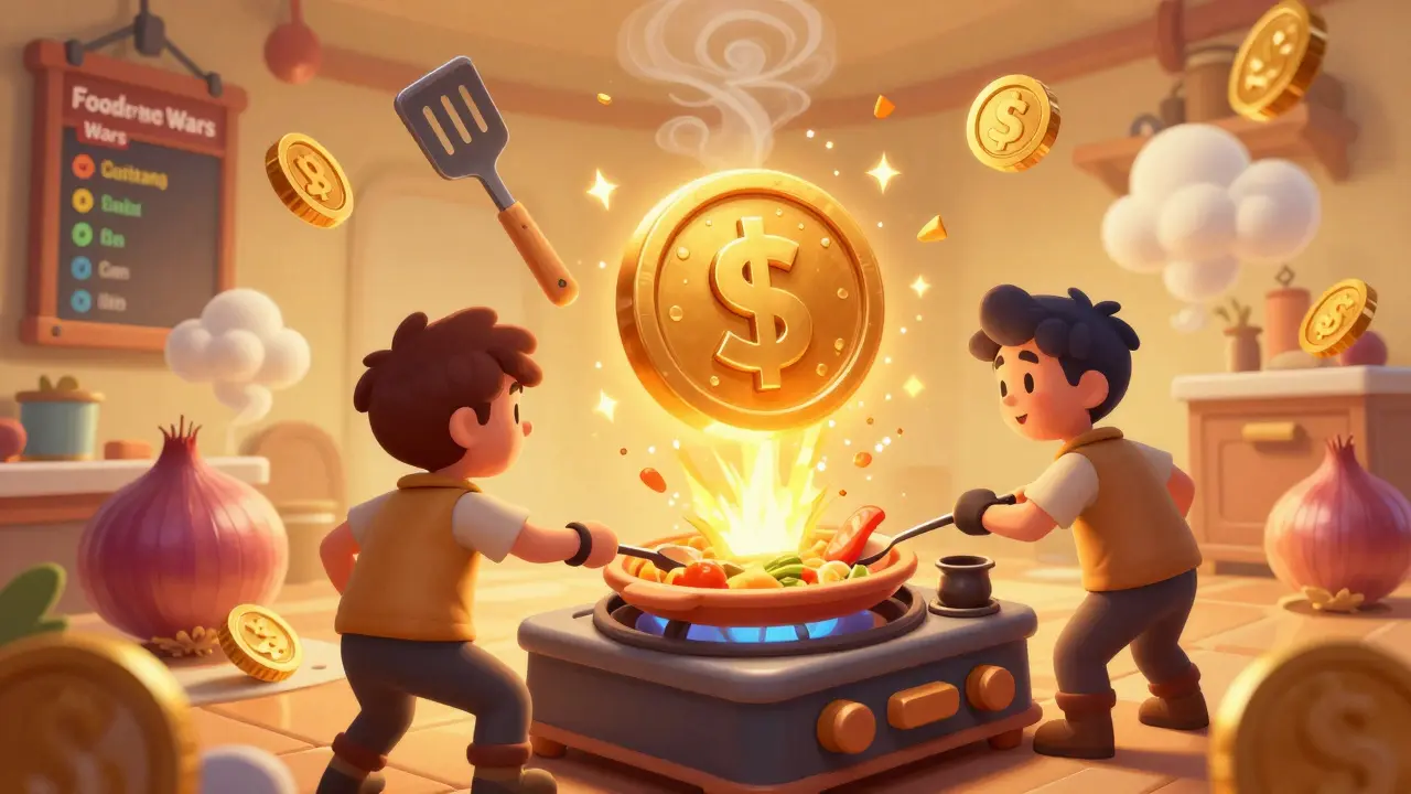 A player cooking a dish that turns into a $ORARE token, surrounded by animated ingredients and cooking tools.