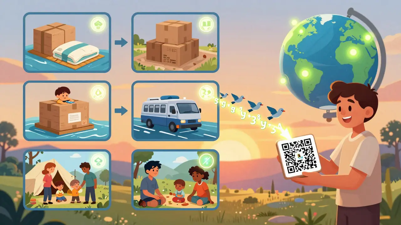 A QR code unfolds into a magical journey of a blanket being delivered to a refugee family, shown in whimsical cartoon panels.